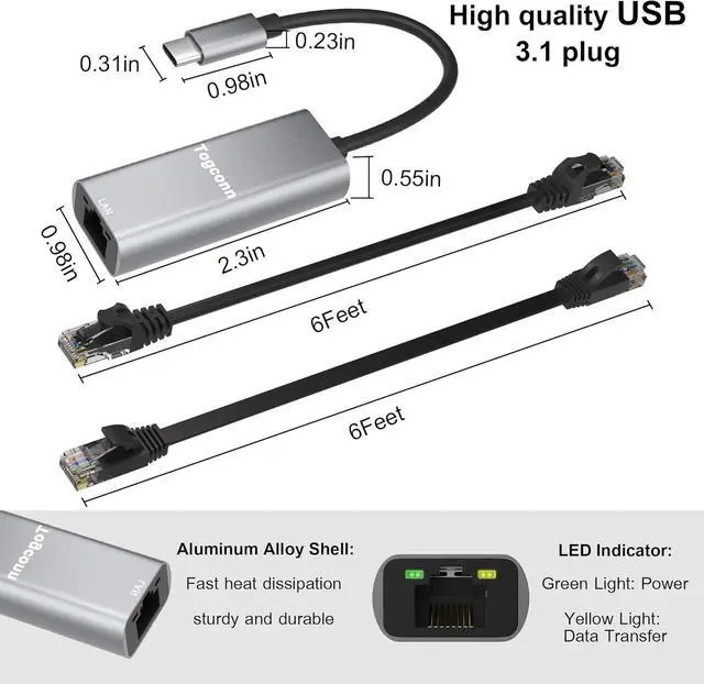 Alt view image 2 of 5 - USB C to Ethernet Adapter, USB 3.1 Type-C to RJ45 Connectors, USB-C to Gigabit LAN Network Internet Adapter, for MacBook, Laptop, PC and More, Aluminum with 2 Pack 4Feet Cat6 Cables