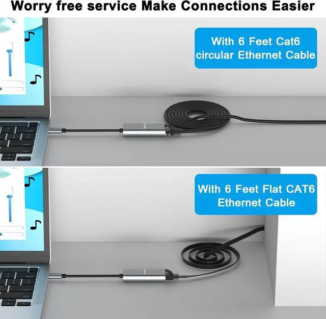 Alt view image 3 of 5 - USB C to Ethernet Adapter, USB 3.1 Type-C to RJ45 Connectors, USB-C to Gigabit LAN Network Internet Adapter, for MacBook, Laptop, PC and More, Aluminum with 2 Pack 4Feet Cat6 Cables