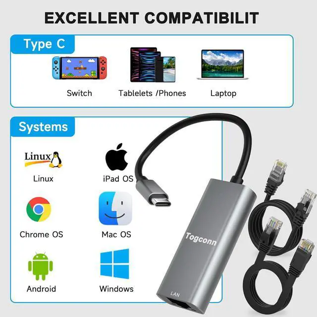 Alt view image 5 of 5 - USB C to Ethernet Adapter, USB 3.1 Type-C to RJ45 Connectors, USB-C to Gigabit LAN Network Internet Adapter, for MacBook, Laptop, PC and More, Aluminum with 2 Pack 4Feet Cat6 Cables