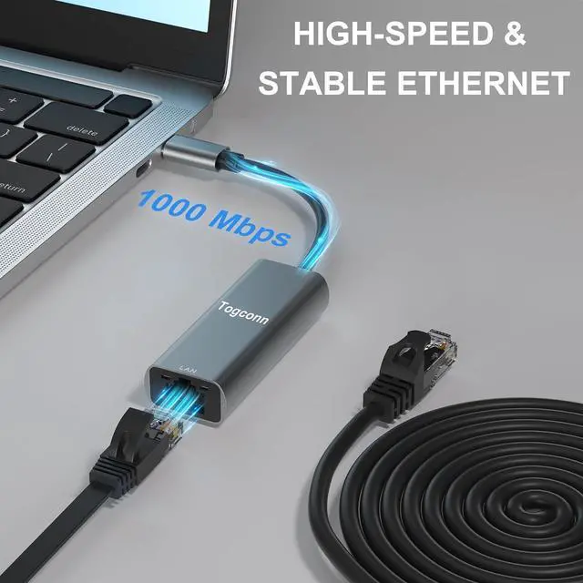 Alt view image 4 of 5 - USB C to Ethernet Adapter, USB 3.1 Type-C to RJ45 Connectors, USB-C to Gigabit LAN Network Internet Adapter, for MacBook, Laptop, PC and More, Aluminum with 2 Pack 4Feet Cat6 Cables