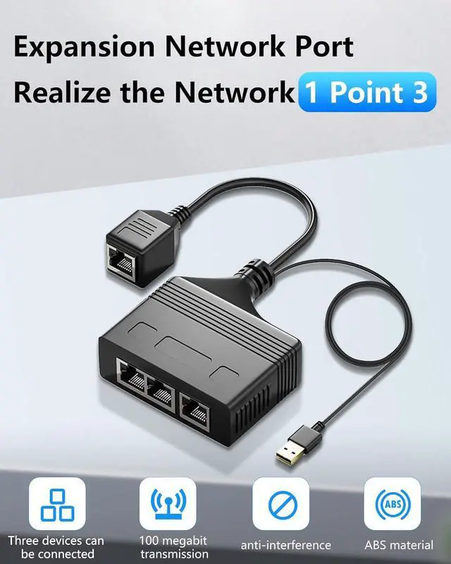 Alt view image 2 of 7 - Ethernet Splitter 1 to 3, Gigabit RJ45 High Speed Ethernet Splitter,1000Mbps Network Switch Extension Connector with 1M Power Cable, CAT 5 6 7 8 Network Cable Simultaneous Three Device