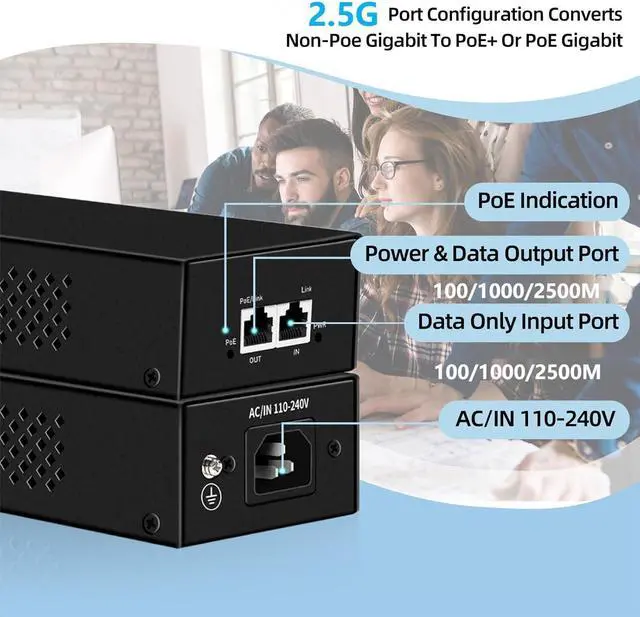 Alt view image 3 of 7 - PoE Injector Up to 90w Power Supply, 2.5 Gigabit PoE Adapter for IP Cameras and VoIP Phones Network Distance Up to 328 ft. PoE Power Supply IEEE 802.3af Compliant Plug & Play Desktop UL Certified