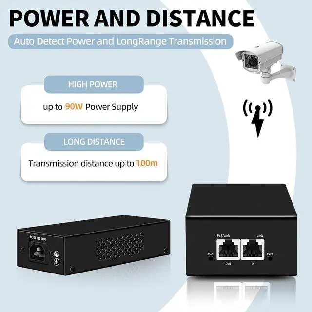 Alt view image 7 of 7 - PoE Injector Up to 90w Power Supply, 2.5 Gigabit PoE Adapter for IP Cameras and VoIP Phones Network Distance Up to 328 ft. PoE Power Supply IEEE 802.3af Compliant Plug & Play Desktop UL Certified