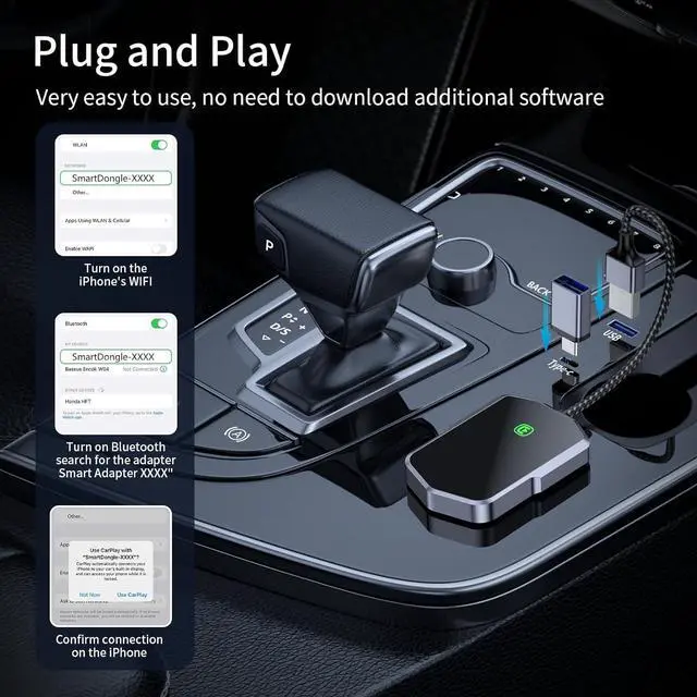 Alt view image 3 of 7 - Carplay Adapter for iPhone, Converts Wired to Wireless Car Play Adapter Plug and Play CarPlay Wireless Control Suitable for Cars from 2017 and Apple iPhone iOS 10+ (A)