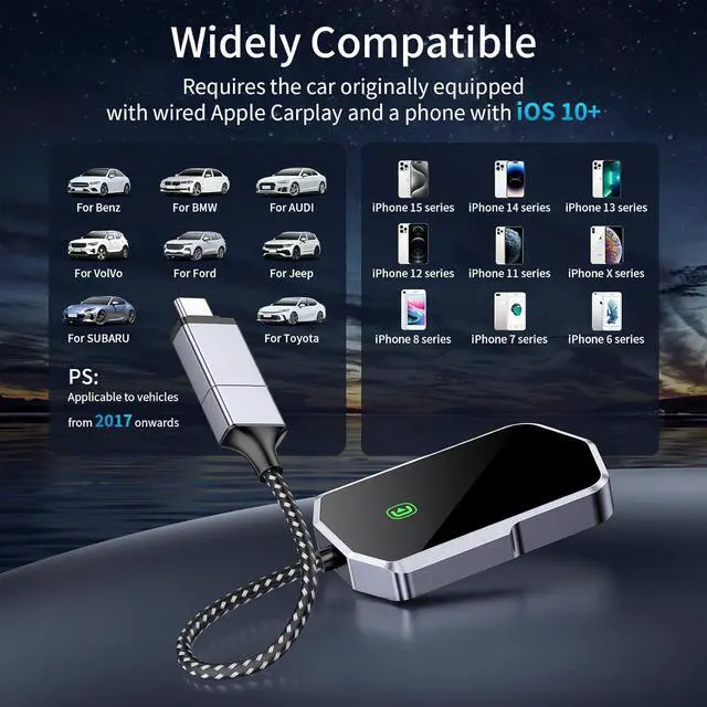 Alt view image 6 of 7 - Carplay Adapter for iPhone, Converts Wired to Wireless Car Play Adapter Plug and Play CarPlay Wireless Control Suitable for Cars from 2017 and Apple iPhone iOS 10+ (A)