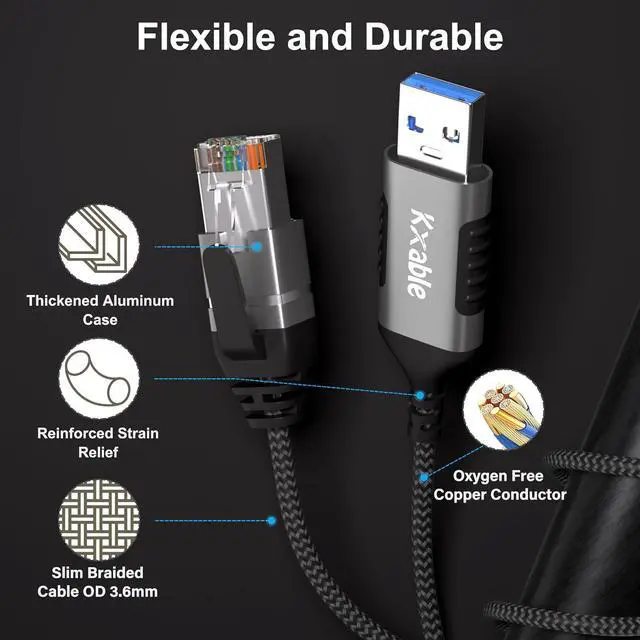 Alt view image 4 of 7 - Slim USB to Ethernet Cable 8 FT, USB 3.0 A to RJ45 Thin Cord, Directly Connected, Aluminum, Braided, OFC, USB to RJ45 Gigabit LAN Network Cable for Laptop, PC, Switch and More, OD: 3.6mm