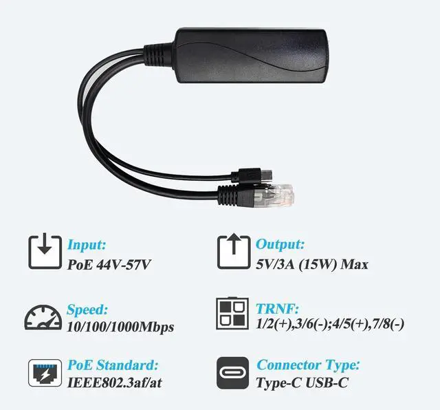 Alt view image 3 of 7 - 2.5G Type C PoE Splitter 5V/3A, 48V PoE to USB-C 5V/3A 15W Output, 2.5Gbps Ethernet Comply IEEE802.3af/at, Plug and Play for Smart Home