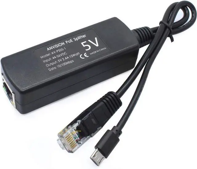 Alt view image 2 of 6 - ANVISION 5V PoE Splitter, 48V to 5V 2.4A Adapter with Micro USB Plug, IEEE 802.3af Compliant, for IP Camera, Tablets, Dropcam or Raspberry Pi and More, AV-PS05-1