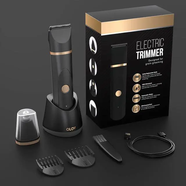 Alt view image 7 of 7 - OLOV Electric Body Hair Trimmer - Groin Trimmer for Men - Bikini Trimmer Women - Wet/Dry Shaver Groomer, Replaceable Ceramic Blade Heads, USB Recharge Dock, Waterproof Hygiene Razor,Black