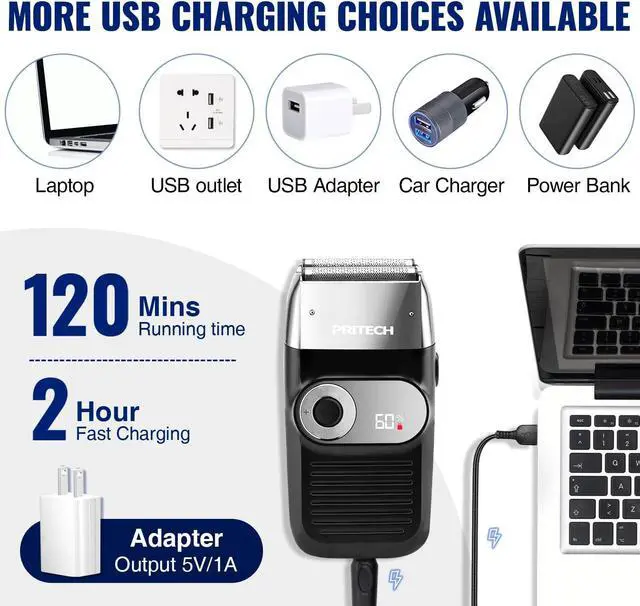 Alt view image 6 of 6 - PRITECH Foil and Bald Shavers 2 in 1 Electric Shaver for Men Foil Blade and PopupTrimmer with Rechargeable 3 Adjustable Speeds Men's Shaver (Black Silver)