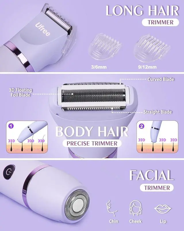 Alt view image 2 of 7 - Ufree Bikini Trimmer Electric Razors for Women, Rechargeable Pubic Body Hair Trimmer Electric Shaver for Legs Body Hair, Bikini Shaver IPX7 Waterproof, Gifts for Women, Purple