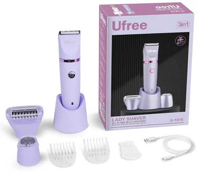 Alt view image 7 of 7 - Ufree Bikini Trimmer Electric Razors for Women, Rechargeable Pubic Body Hair Trimmer Electric Shaver for Legs Body Hair, Bikini Shaver IPX7 Waterproof, Gifts for Women, Purple