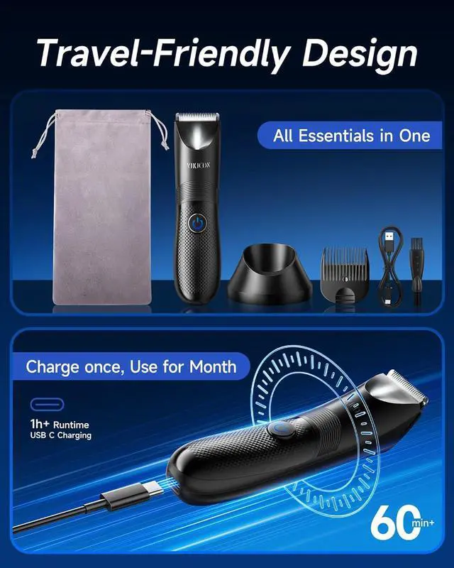 Alt view image 6 of 7 - VIKICON Manscape Trimmer for Men - No Nicks Electric Razor-Shaver for Balls/Pubic/Groin/Legs/Chest Hair Removal w/Light & Ceramic Blade, IPX7 Waterproof Body Groomer USB-C Charging, Gifts for Him Dad