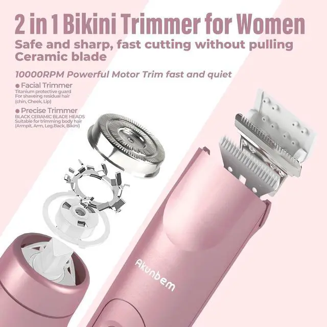 Alt view image 2 of 7 - 2 in 1 Women Electric Shaver Dual Head Bikini Trimmer for Women IPX7 Waterproof Wet & Dry Use Body Hair Trimmer and Facial Hair Remover for Bikini Underarm Leg Arm Body Face, Pink