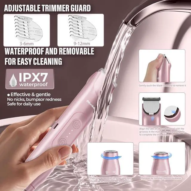 Alt view image 5 of 7 - 2 in 1 Women Electric Shaver Dual Head Bikini Trimmer for Women IPX7 Waterproof Wet & Dry Use Body Hair Trimmer and Facial Hair Remover for Bikini Underarm Leg Arm Body Face, Pink