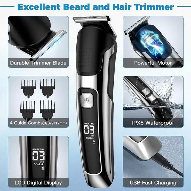 Alt view image 4 of 6 - Beard Trimmer for Men - 5 in 1 Kit Electric Razor, Nose Hair Trimmer with LED Display, Cordless Mustache Body Face Grooming Kit, Waterproof Rechargeable Beard Shaver