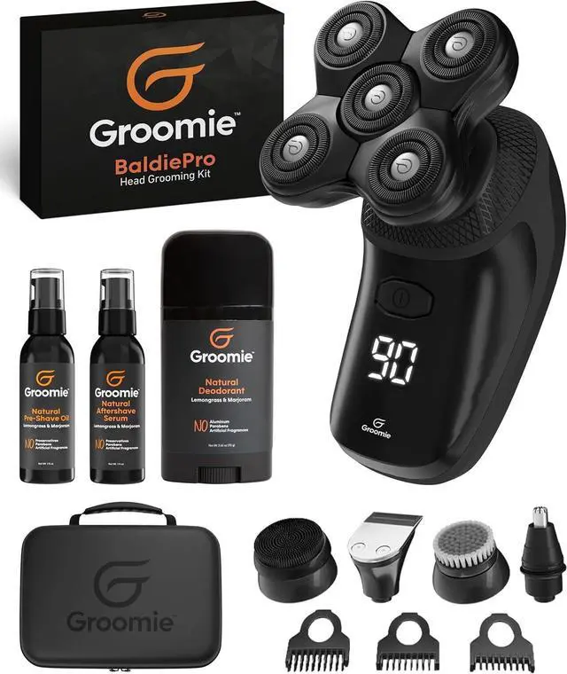 Main image of Groomie Crispy AF, Shaving & Grooming Kit for Bald Men - Set Includes BaldiePro Electric Razor, Pre-Shave Oil, Aftershave, Deodorant & Travel Carrying Case - All-in-One Head Shaver Kits for Men