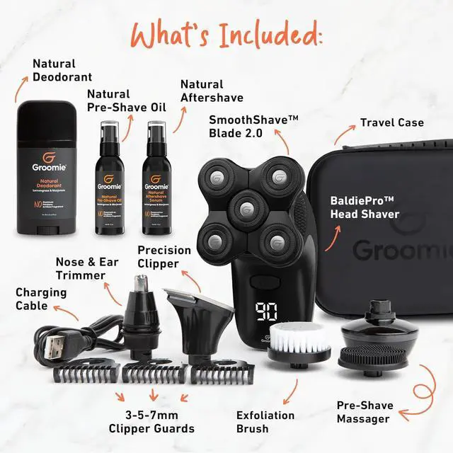 Alt view image 3 of 7 - Groomie Crispy AF, Shaving & Grooming Kit for Bald Men - Set Includes BaldiePro Electric Razor, Pre-Shave Oil, Aftershave, Deodorant & Travel Carrying Case - All-in-One Head Shaver Kits for Men
