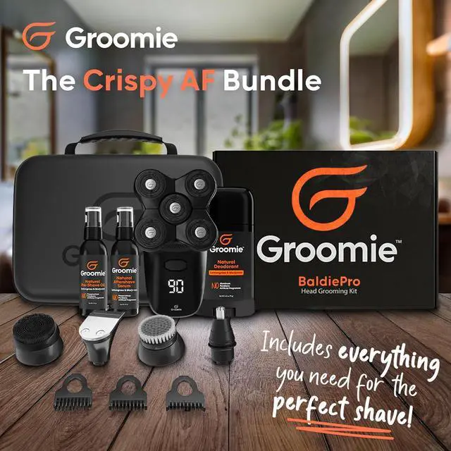 Alt view image 2 of 7 - Groomie Crispy AF, Shaving & Grooming Kit for Bald Men - Set Includes BaldiePro Electric Razor, Pre-Shave Oil, Aftershave, Deodorant & Travel Carrying Case - All-in-One Head Shaver Kits for Men