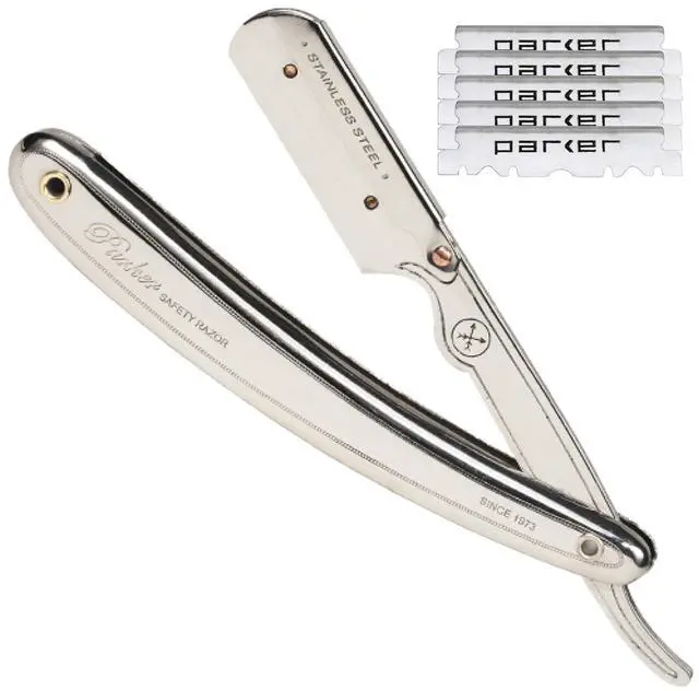 Main image of Parker SR1 Stainless Steel Straight Edge Barber Razor  Professional Shavette for Barbers & Home Use with 5 Premium Platinum Half Blades  Replaceable Blade Straight Razor for Close, Smooth Shaves