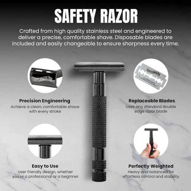 Alt view image 5 of 7 - Safety Razor Shaving Kit | Vintage Wet Shave Grooming Set for Men - Includes: Safety Razor, Hair Shaving Brush, Alum Block, Shave Soap, Bowl & Double Edge Razor Blades