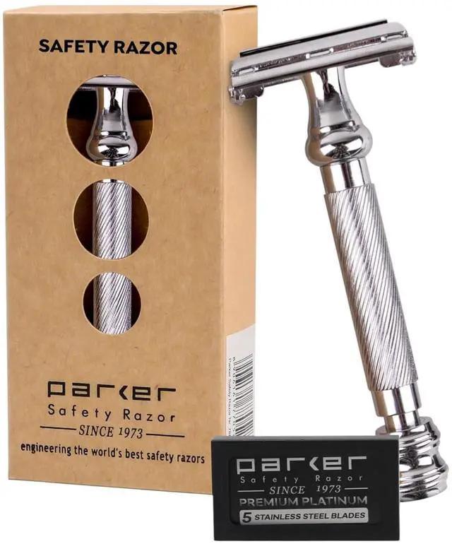 Main image of Parker 99R Chrome Long Handle Heavyweight Butterfly Open Double Edge Safety Razor for Men, 5 Parker Premium Platinum Double Edge Razor Blades Included