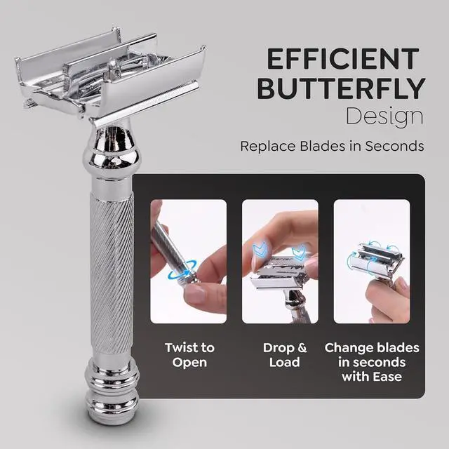 Alt view image 3 of 7 - Parker 99R Chrome Long Handle Heavyweight Butterfly Open Double Edge Safety Razor for Men, 5 Parker Premium Platinum Double Edge Razor Blades Included