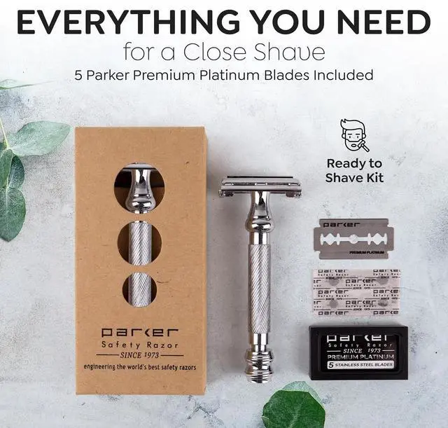 Alt view image 7 of 7 - Parker 99R Chrome Long Handle Heavyweight Butterfly Open Double Edge Safety Razor for Men, 5 Parker Premium Platinum Double Edge Razor Blades Included