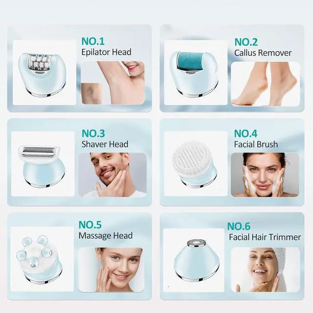 Alt view image 4 of 6 - Epilator for Women, 6 in 1 Hair Removal Epilator, Shaver, Face Razor, Facial Brush, Face Massage and Body Exfoliator,IPX7 Waterproof Rechargeable Hair Removal for Women, 2 Speeds