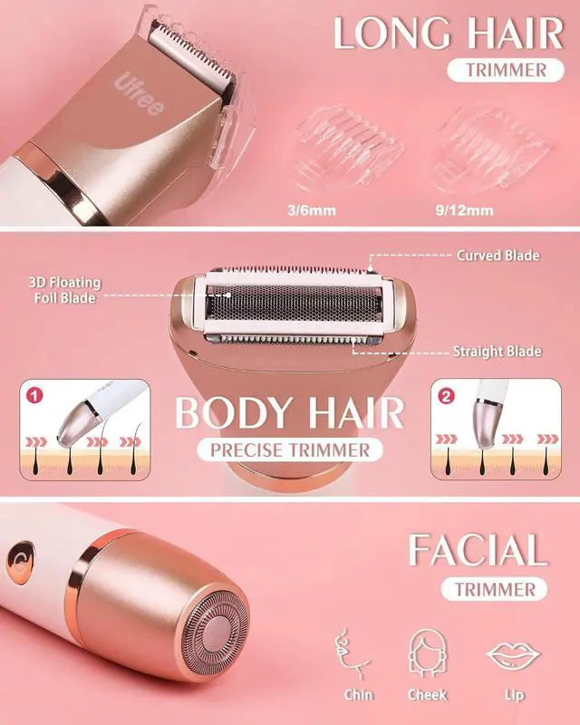 Alt view image 2 of 7 - Ufree Electric Shaver Razors for Women Pubic Hair, Bikini Trimmer for Face and Body Hair, Wet & Dry Use Groomer, Hair Trimmer, Birthday Gifts for Women, Gold