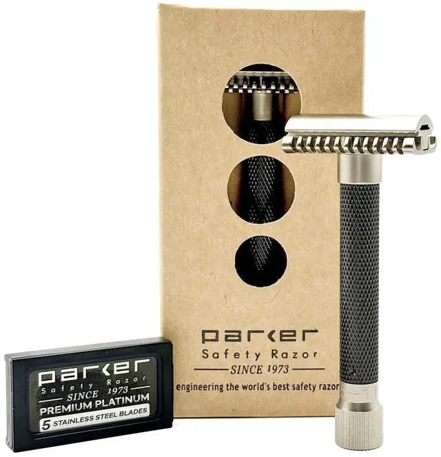 Main image of Parker THE VARIANT OPEN COMB - ADJUSTABLE Double Edge Safety Razor, Customize your Shave with a Turn of the Dial from Mild to Aggressive - 5 Blades Included (Graphite Gray)