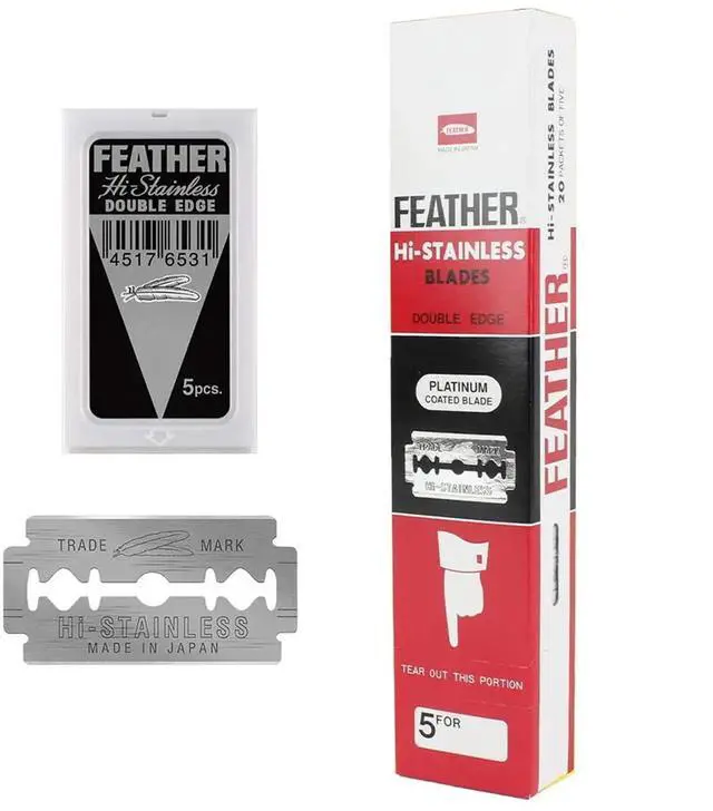 Main image of Feather Double Edge Safety Razor Blades - (50 Count) - Platinum Coated Hi-Stainless Steel Razor Blades - Fits Most Safety Razors - Super Sharp for Close Shaves - Made in Japan