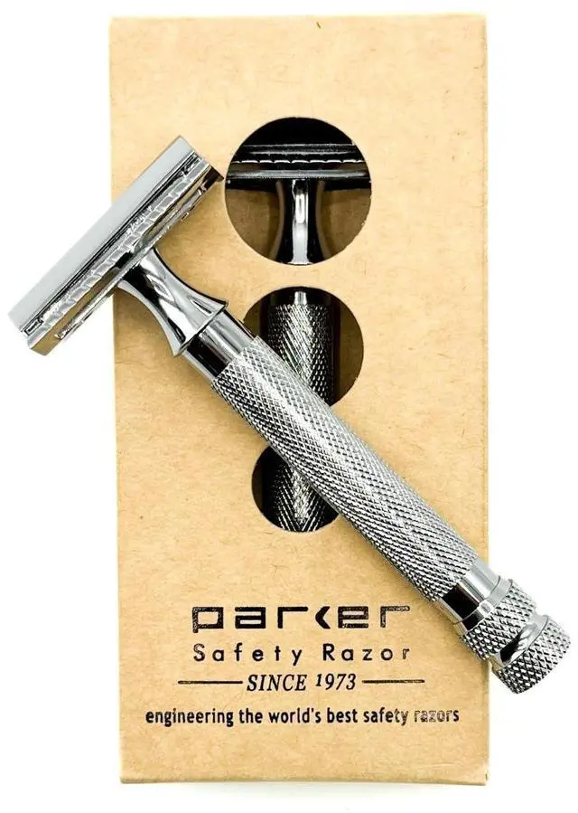 Main image of Parker 91R Heavyweight Long Handle Safety Razor  3-Piece Double Edge Razor for Smooth, Close Shaves  Brass Frame with Textured Chrome Finish  Compatible with All DE Razor Blades