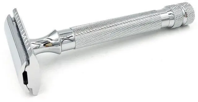 Alt view image 3 of 4 - Parker 91R Heavyweight Long Handle Safety Razor  3-Piece Double Edge Razor for Smooth, Close Shaves  Brass Frame with Textured Chrome Finish  Compatible with All DE Razor Blades