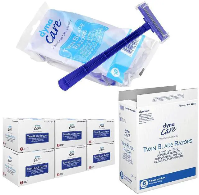Main image of Dynarex DynaCare Twin Blade Razors, Disposable Unisex Razor with Two Blades Provides Smooth, Close Shave, for Prior to Procedures or Tattoos, Blue, 6 Boxes - 50 Razors per Box