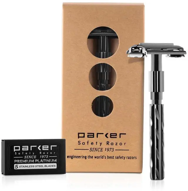 Alt view image 3 of 7 - Parker 22R Gunmetal Finish Long-Handle Butterfly Safety Razor for Men  Premium Brass Construction, Close Smooth Shave + 5 Razor Blades Included