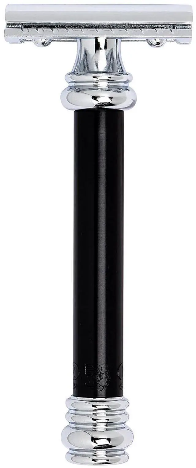 Main image of MERKUR 38B Double Edge Safety Razor - Black Handle | Extra Large Barber Pole Grip Brass Handle | Made in Germany | Plastic-Free | Two Piece Design | Closed Comb | Straight Bar