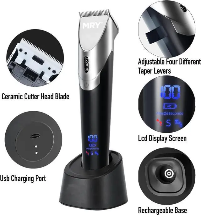 Alt view image 2 of 7 - MRY Ceramic Cutter Cordless Men's Barber Women's Professional Waterproof LCD Hair Clippers USB Rechargeable (Black with Silver Color)