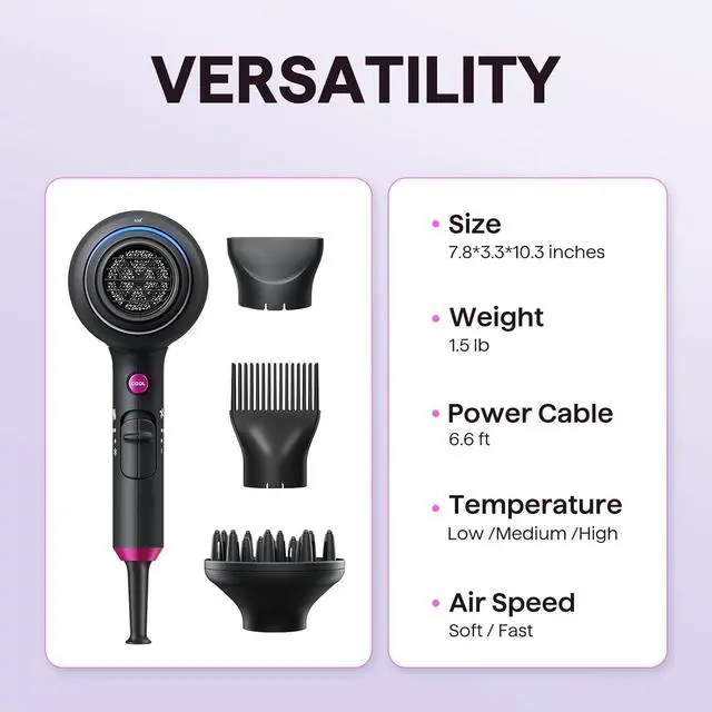 Alt view image 6 of 7 - Wavytalk Hair Dryer with Diffuser, Blown Away Ionic Hair Dryer for Curly Hair with Comb, 1875W Fast Drying Blow Dryer with Ceramic Technology, 3 Attachments for All Hair Types, Light and Quiet, Black