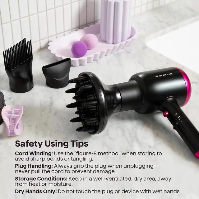 Alt view image 7 of 7 - Wavytalk Hair Dryer with Diffuser, Blown Away Ionic Hair Dryer for Curly Hair with Comb, 1875W Fast Drying Blow Dryer with Ceramic Technology, 3 Attachments for All Hair Types, Light and Quiet, Black