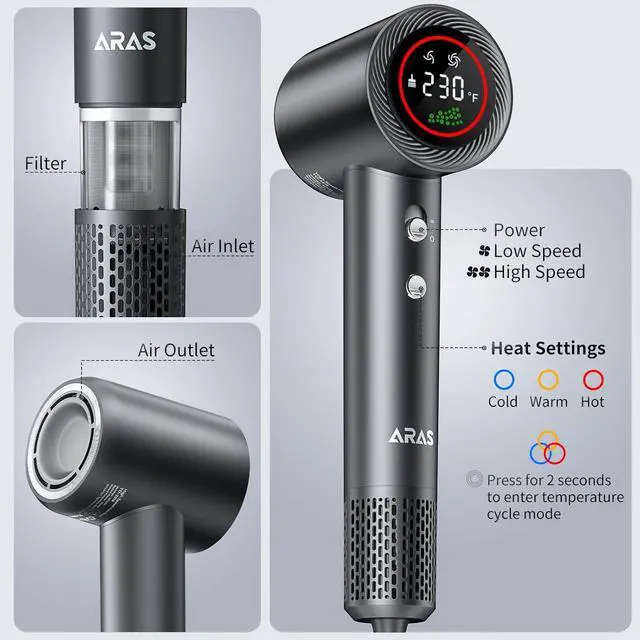 Alt view image 5 of 6 - Hair Dryer, Negative Ionic Blow Dryer with 160, 000 RPM Professional High-Speed Blow Dryer, Brushless Motor for Fast Drying, Low Noise Thermo-Control Hairdryer with Magnetic Nozzle