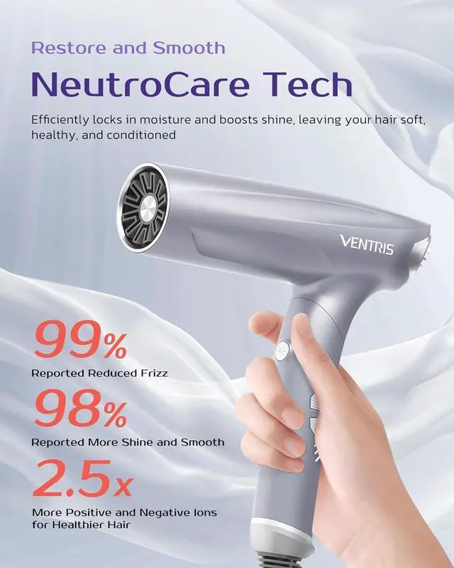 Alt view image 2 of 7 - VENTRIS 1400W High-Speed Ionic Hair Dryer, Fast-Drying Lightweight Low-Noise Blow Dryer with Magnetic Diffuser & Concentrator, Cold Shot Button, BlitzFlow Series, Lucid White