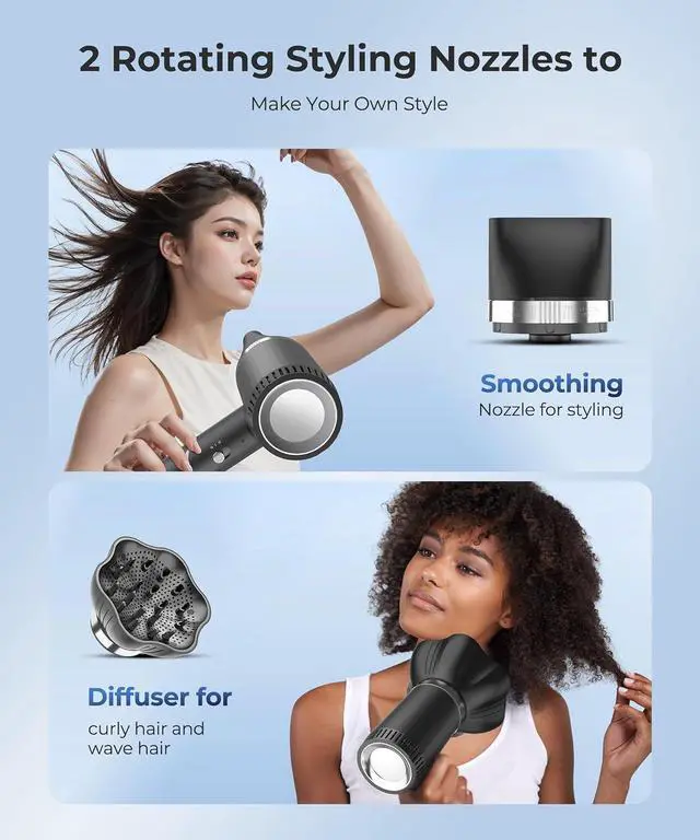 Alt view image 6 of 7 - Hair Dryer, 100,000 RPM High-Speed Blow Dryers for Women & Men, Fast-Drying, 500 Million Negative Ions, Heat-Control, Low-Noise with Diffuser & Nozzle, Compact Foldable for Home Travel Use