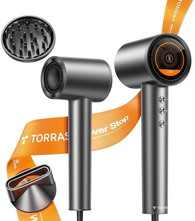 Main image of TORRAS Stream Hair Dryer, Space Gray, High-Speed 29.3m/s, 1600W, Hair Care Mode, Ionic Care, 2 Modes, 3 Speeds, 3 Heat Levels, with Diffusers, Aerospace Alluminum