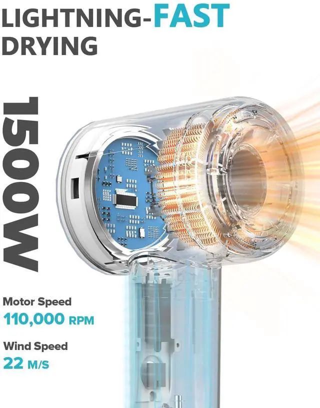 Alt view image 2 of 7 - Negative Ionic High Speed Hair Dryer, Professional Brushless Blow Dryer with Diffuser and Nozzle for Fast Drying, 2 Speeds & 4 Temps Thermo-Control, Lightweight & Quiet for Home & Travel