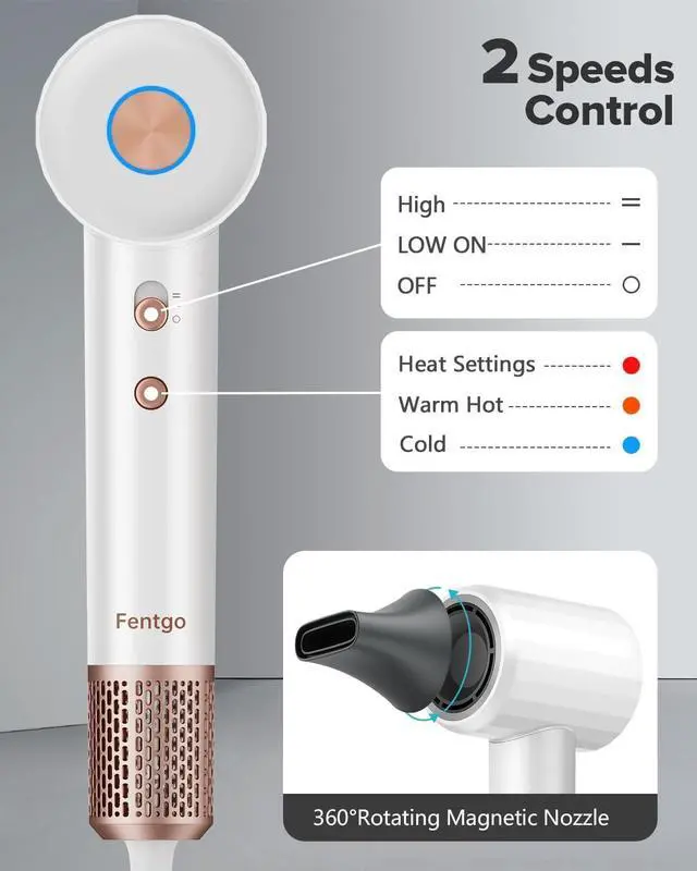 Alt view image 4 of 7 - Negative Ionic High Speed Hair Dryer, Professional Brushless Blow Dryer with Diffuser and Nozzle for Fast Drying, 2 Speeds & 4 Temps Thermo-Control, Lightweight & Quiet for Home & Travel