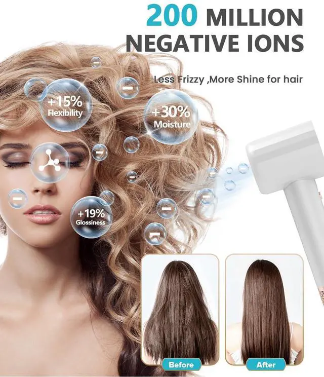 Alt view image 5 of 7 - Negative Ionic High Speed Hair Dryer, Professional Brushless Blow Dryer with Diffuser and Nozzle for Fast Drying, 2 Speeds & 4 Temps Thermo-Control, Lightweight & Quiet for Home & Travel