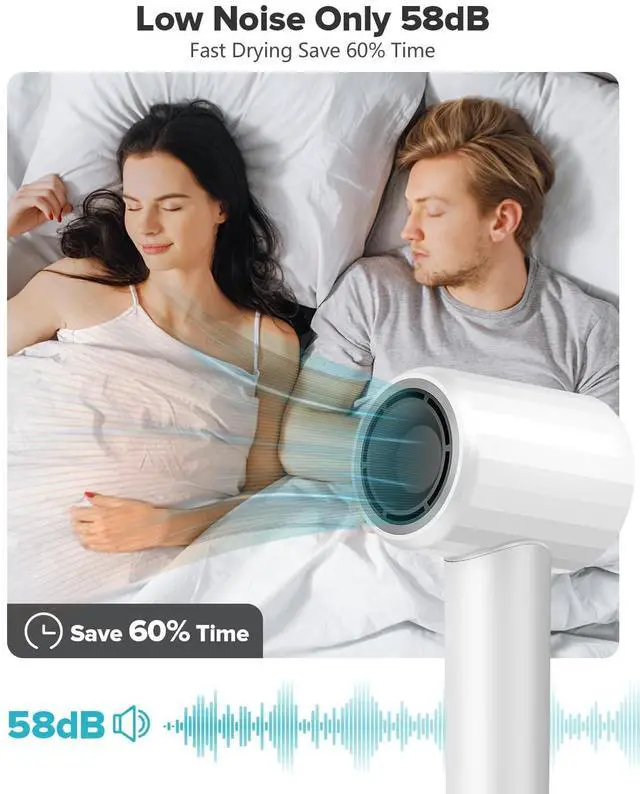 Alt view image 6 of 7 - Negative Ionic High Speed Hair Dryer, Professional Brushless Blow Dryer with Diffuser and Nozzle for Fast Drying, 2 Speeds & 4 Temps Thermo-Control, Lightweight & Quiet for Home & Travel