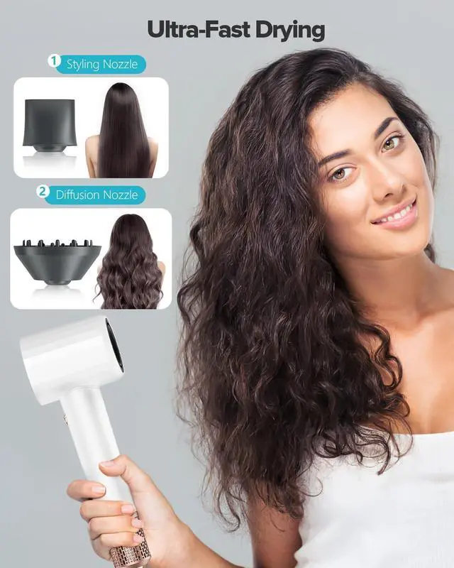 Alt view image 7 of 7 - Negative Ionic High Speed Hair Dryer, Professional Brushless Blow Dryer with Diffuser and Nozzle for Fast Drying, 2 Speeds & 4 Temps Thermo-Control, Lightweight & Quiet for Home & Travel