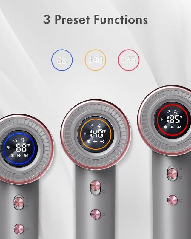 Alt view image 3 of 7 - Rudd Hair Dryer with Diffuser, High Speed Hair Dryer with Display, 110000 RPM Brushless Motor for Fast Drying, 200 Million Negative Inoic Low Noise, Grey